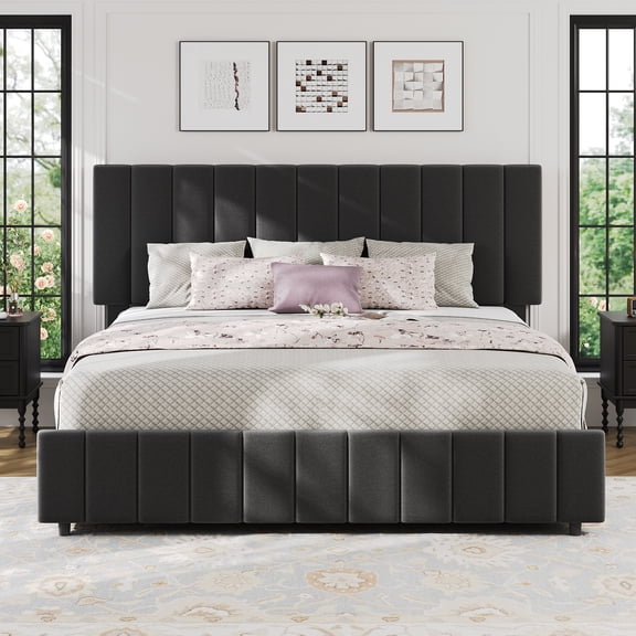 King Bed with Storage Drawers & Adjustable Headboard, Linen Quilted Upholstered Platform Frame, Sturdy Wood Slat Support, No Box Spring Needed
