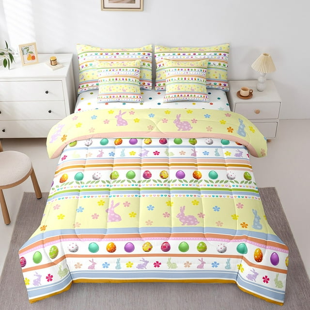 Erosebridal Happy Easter Bedding Queen Size, Ribbit Animal Bed Set, Cartoon Theme Reversible Bed in a Bag Queen size, Microfiber Room Decoration, 7 Pieces