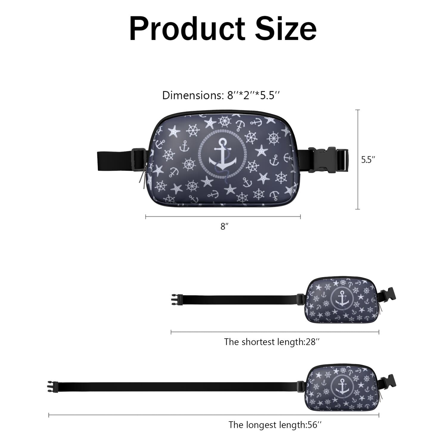 Marine Map Waist Bag – Nautical Travel Fanny Pack with Lighthouse, Anchor, Beacon & Coral Print, Great for Sailing & Coastal Getaways