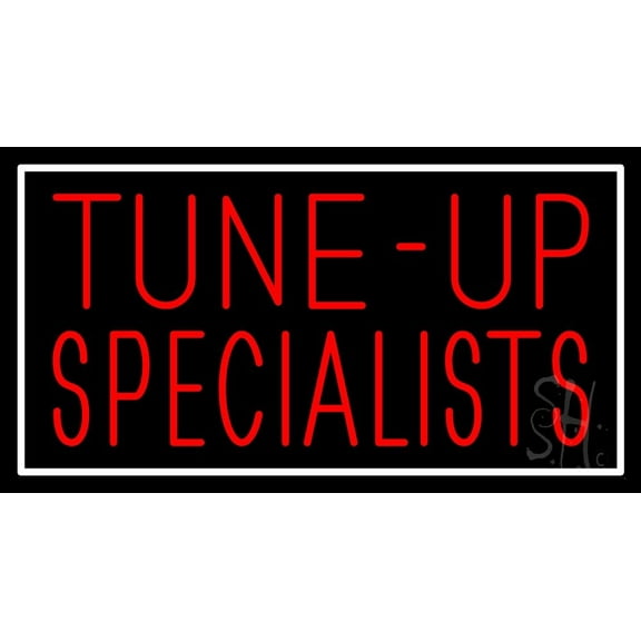 Tune Up Specialists With White Border LED Neon Sign 13 x 24 - inches, Clear Edge Cut Acrylic Backing, with Dimmer - Bright and Premium built indoor LED Neon Sign for automotive store, and mall.
