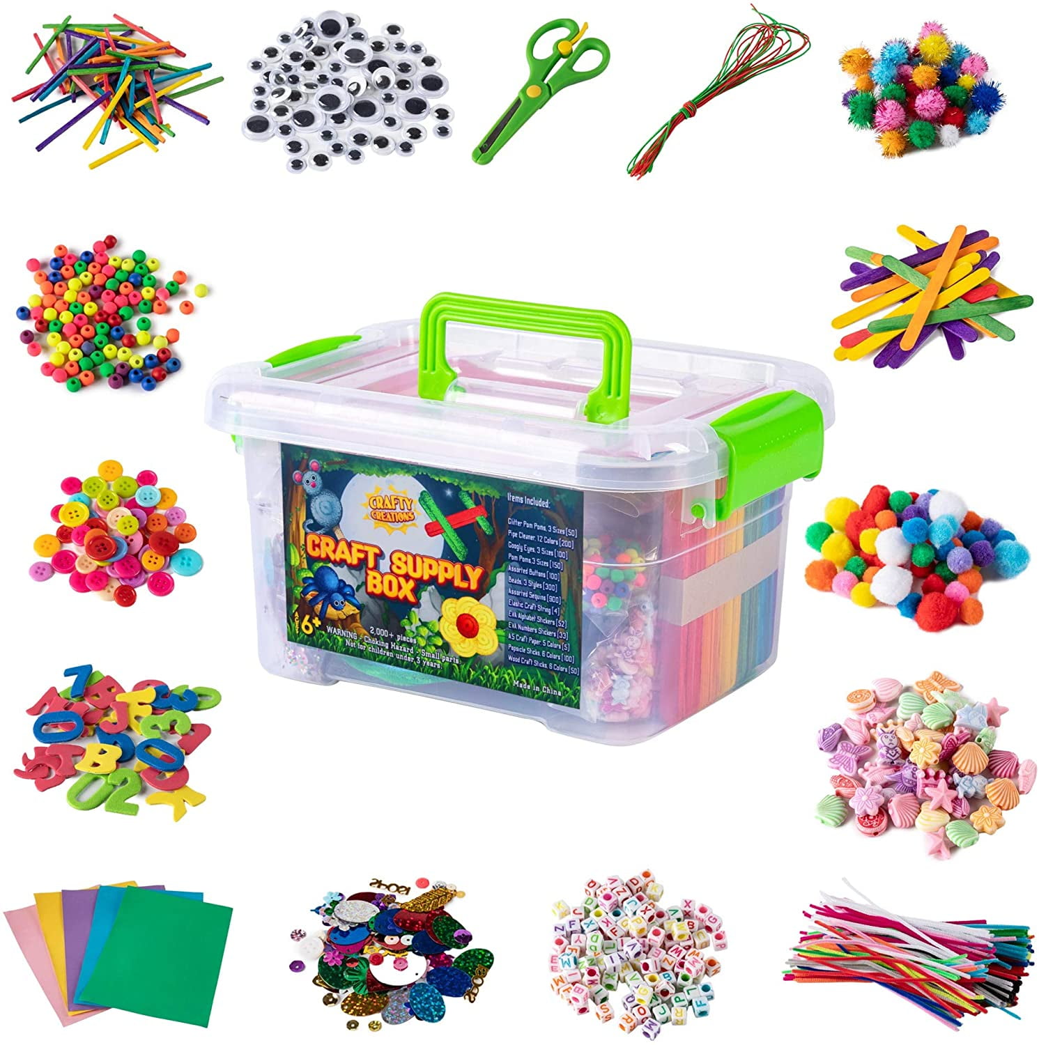 Pom Poms Pipe Cleaners Crafts Supplies Kit Colorful Feather Beads Construction Paper Wooden Sticks Craft Materials Kit for Kids Googly Eyes 