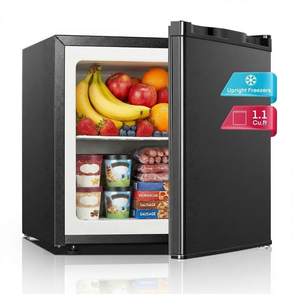 FOHERE 1.1 Cu.Ft Mini Freezer Countertop, Compact Upright Freezer with Reversible Door, Removable Shelves, Small freezer for Home/Dorms/Apartment/Office, Black