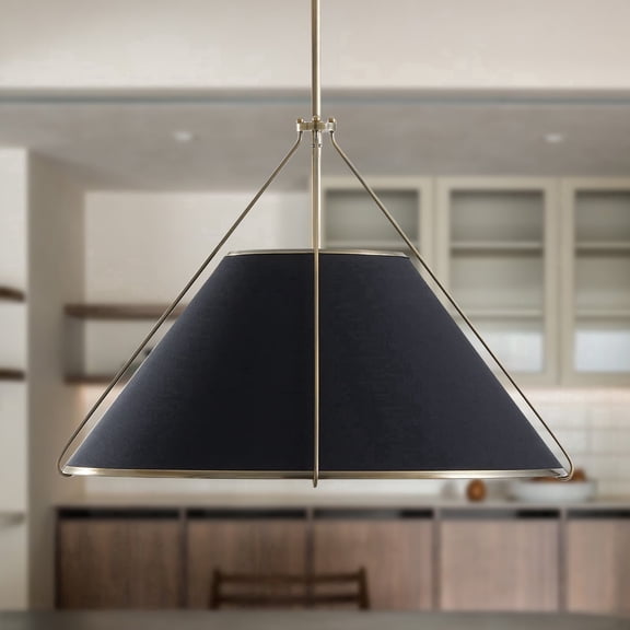Modern Natural Conical Pendant Light, Black Linen Ceiling Fixture, Minimalist Midcentury Hanging Light for Living Room, Kitchen, Dining Room, Bedroom