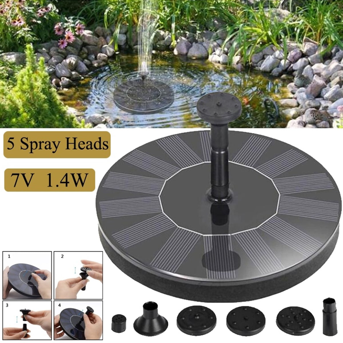 Solar Power Water Fountain Pond Pool Patio Decor Water Sprinkler with 4 Nozzles 