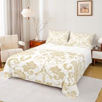 Manfei Western Damask Print Queen Sheet Sets for Adult, Vintage Flower Floral Flat Sheet, Bohemian Mandala Queen Fitted Sheet, Lightweight Room Decor, 4-Piece