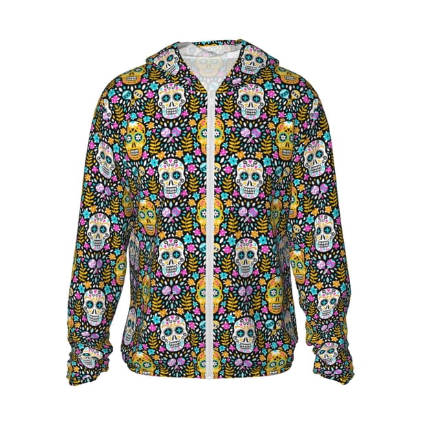 Fotbe Sugar Skulls Chaqueta con Protección Solar UPF 50+ para Hombre y Mujer, Camisa con Capucha y Bolsillos-Large