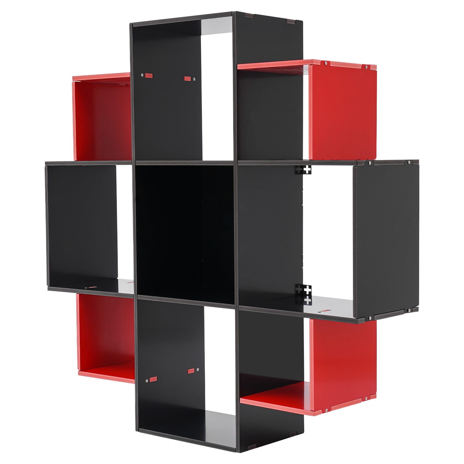 3-Tier Bookcase Wall Mounted Book Shelf Modern Floating Shelf Bookcase with 9 Compartments, Floating Cube Shelves, for Study, Office, Kitchen, Bedroom, and Living Room (Red&Black)