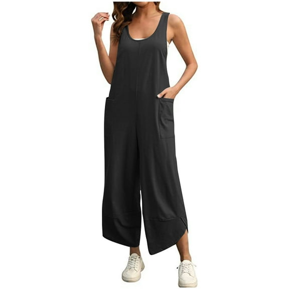 Akafmk Plus Size Jumpsuits for Women Summer,Casual Rompers for Women,Women's Sleeveless Loose Overalls Rompers Cotton Linen Wide Leg Jumpsuits Loose Fitting Overalls