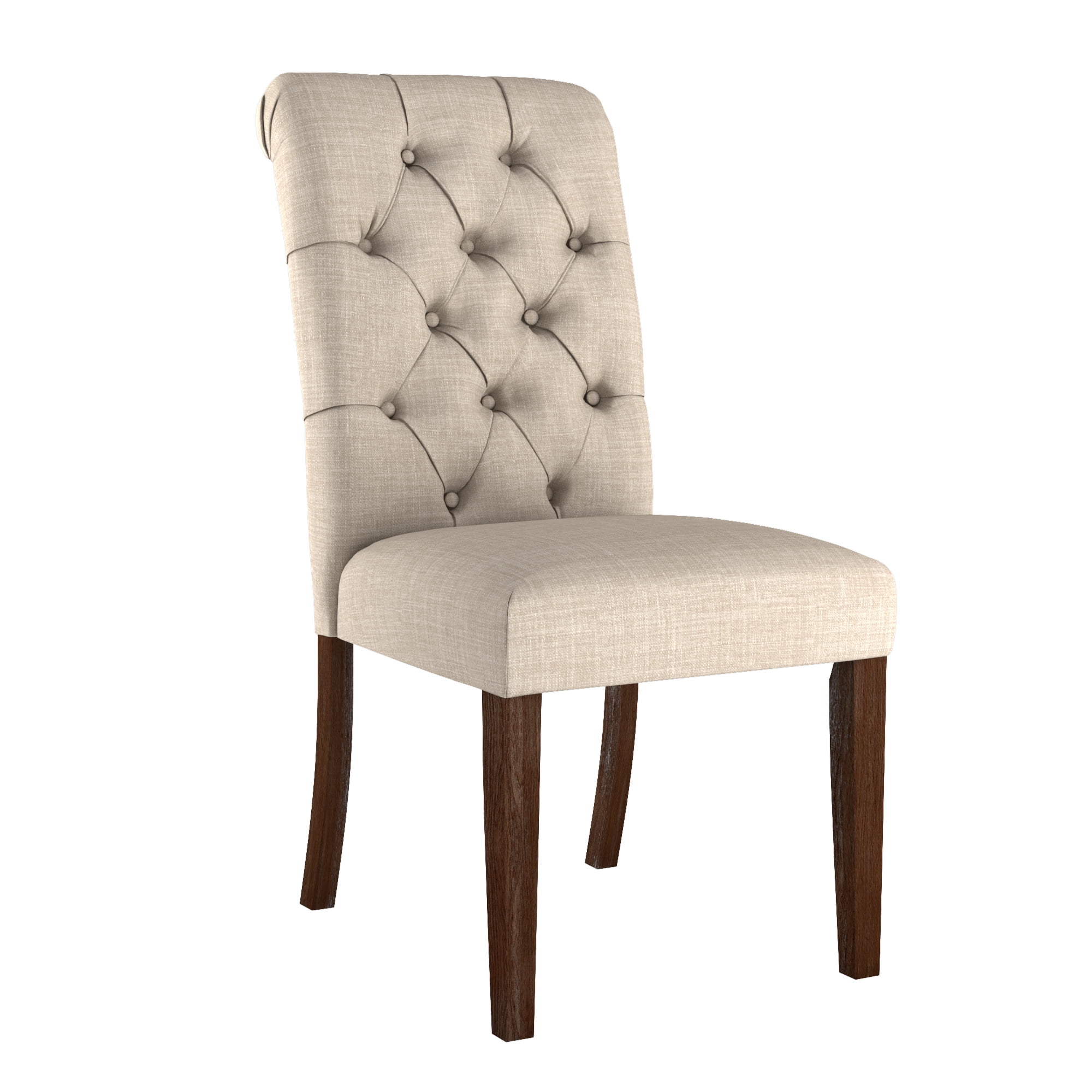 Weston Home Lottie Chic Beige Linen Button Tufted Dining Chair (Set of 2), Brown wood finish
