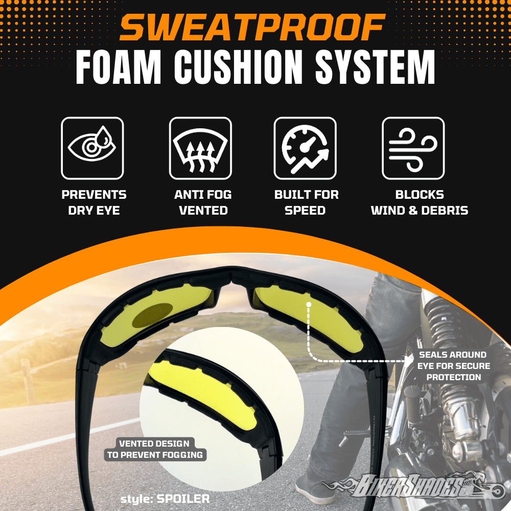 Bikershades Motorcycle Riding Safety Sunglass Foam Padded Large Fit Wind, Dust and Impact Resistant