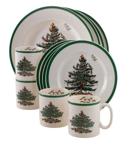 Potter's Christmas Rose Gold Christmas Trees Pebbled Stoneware Dining Set 