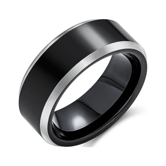 Bling Jewelry Mens Simple Black Titanium Wedding Band Ring Silver Two-Tone Beveled Edge Comfort Fit