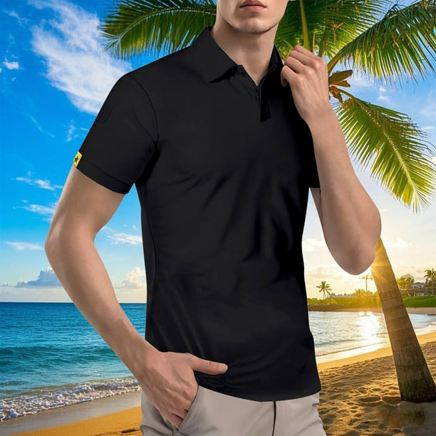 Camisas Elvqul de Hombre Negro Casuales Manga Corta Abotonada Liso Solapa