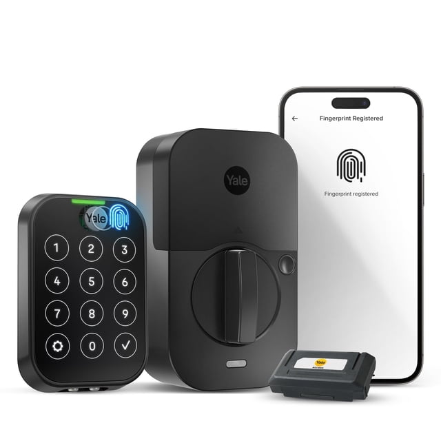 Yale Security Deadbolt Lock 2 Touch, cerradura de puerta de entrada inteligente sin llave de gamuza negra con teclado táctil conectado Wi-Fi y escáner de huellas dactilares, YRD450-F-WF1-BSP