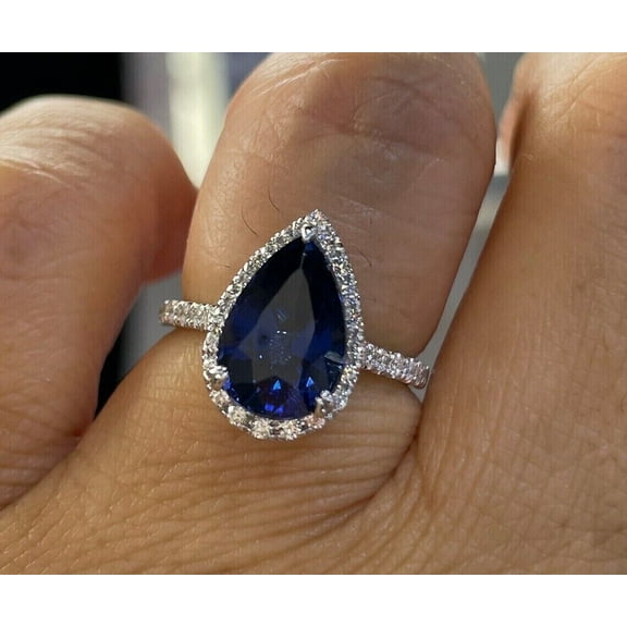 4Ct Pear Lab-Created Blue Sapphire Halo Engagement Ring 14K White Gold Plated Silver