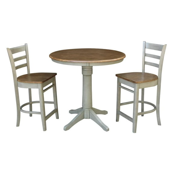 36" Round Solid Wood Distressed Hickory/Stone Counter Height Table With 2 Stools