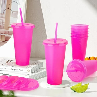 FUYGRCJ 12PCS Plastic Tumblers Drinking Glasses Set with Lids,24oz Color Changing Cups with Straw for Summer,Iced Coffee Travel Mug Cup Reusable Plastic Cups for Parties Birthdays (Pink)
