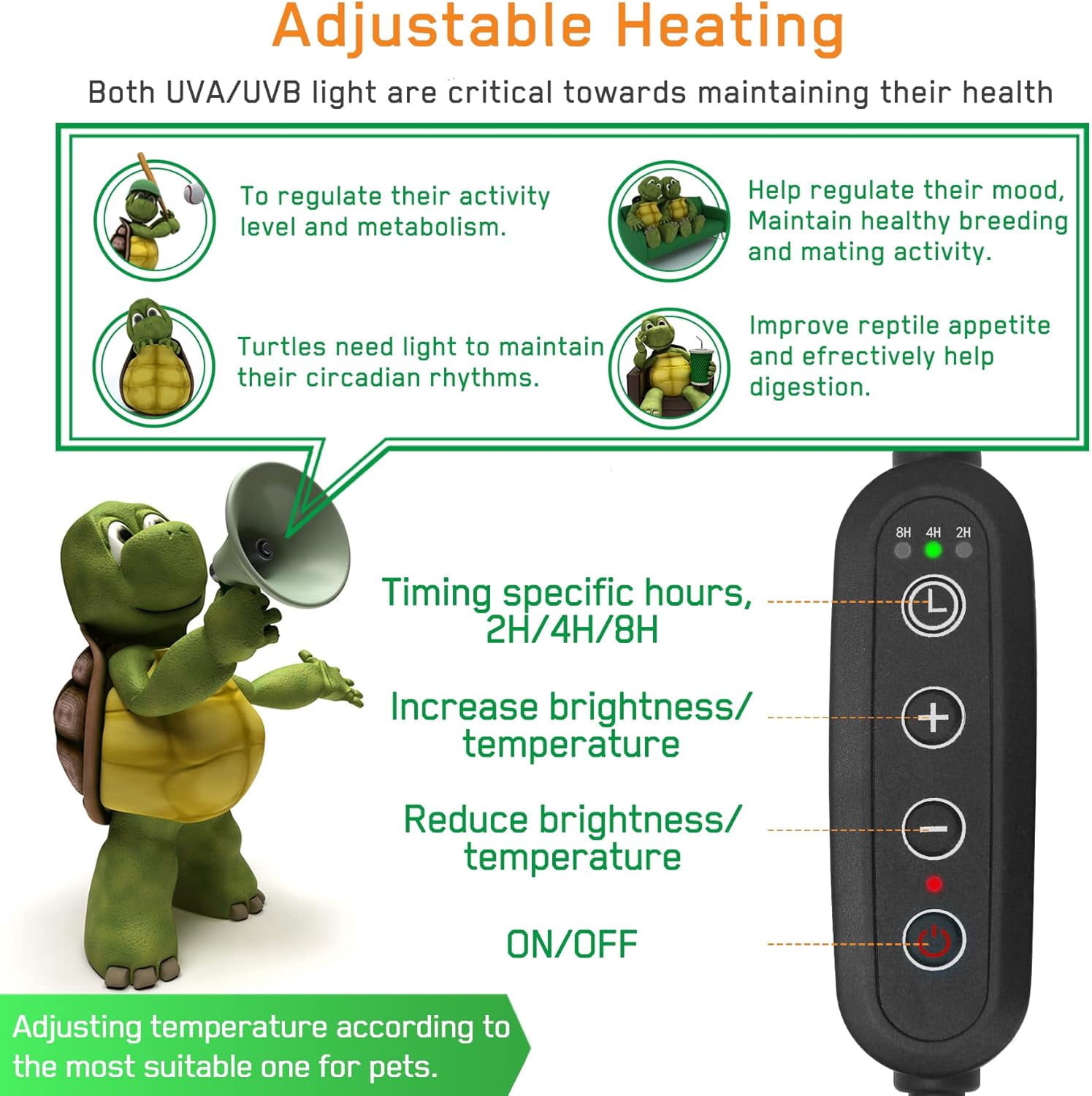 Reptile Heat Lamp,Timed Heating Lamp with Clamp, Adjustable Habitat Basking Heat Lamp,UVA/UVB Light Lamp 360° Rotatable Clip and Power Adapter for Aquarium(Bulb Included)