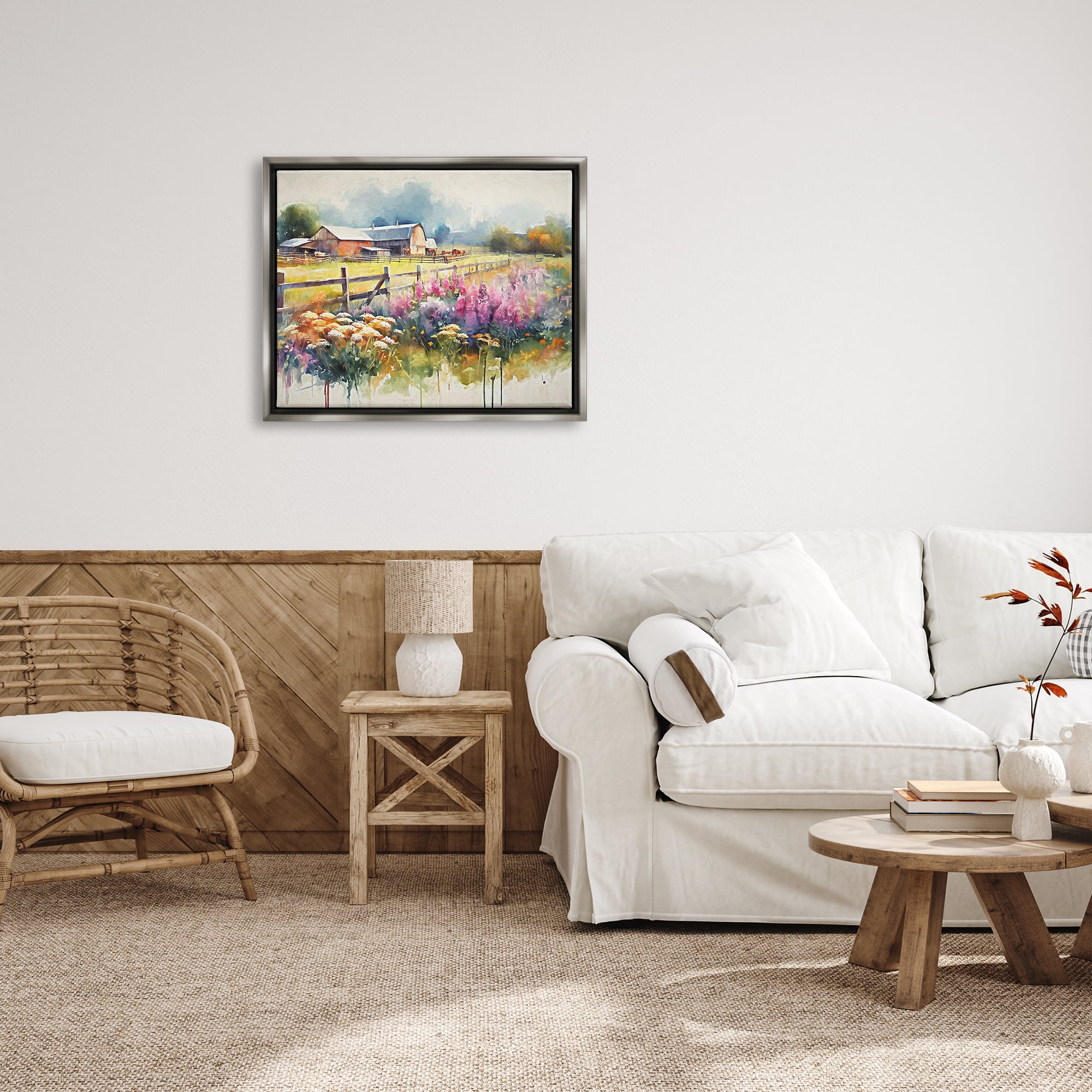Stupell Industries Country Barn Modern Painting Landscape Painting Gray Floater Framed Canvas Art Print Wall Art, 31 x 25