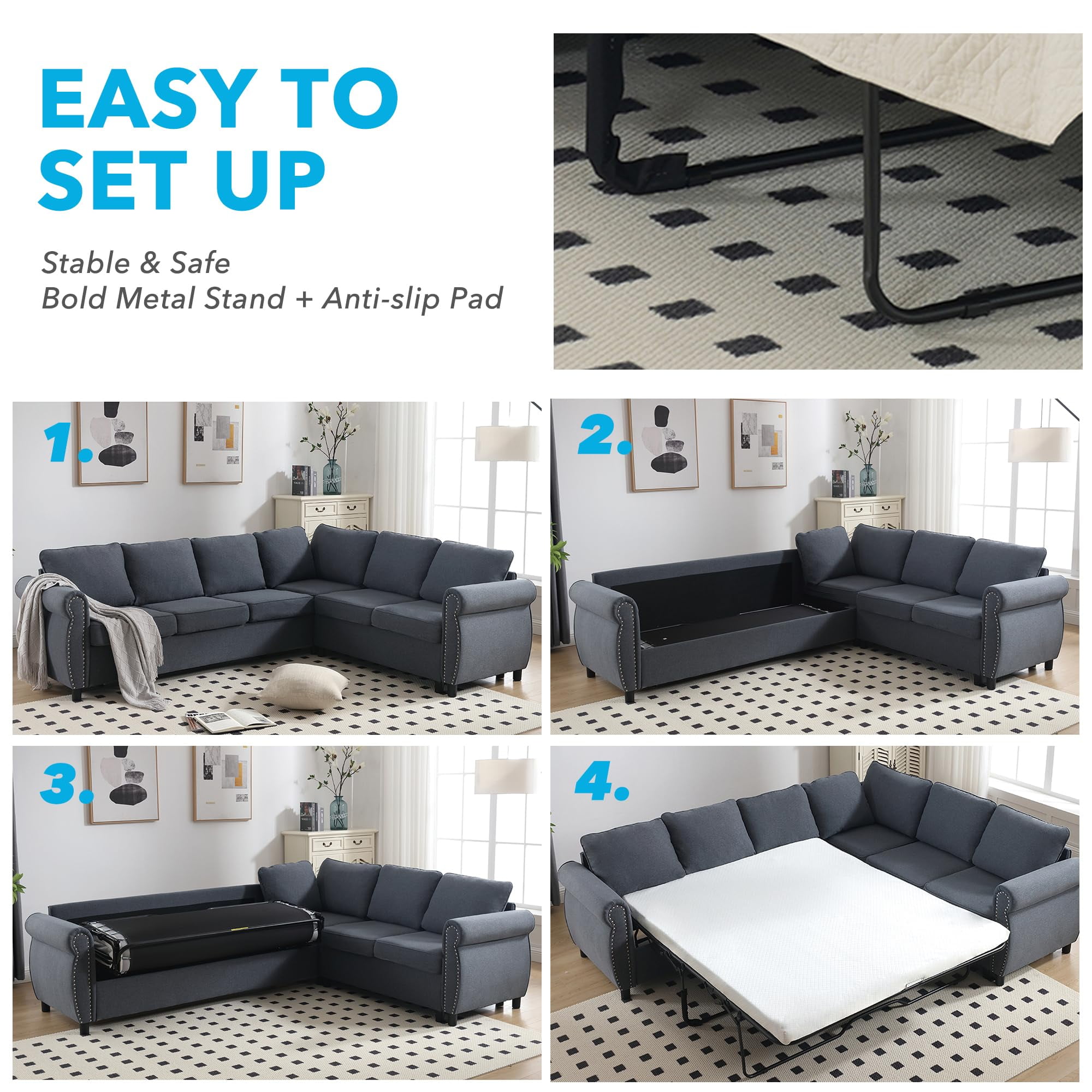 Tabaray Modern L Shaped Sleeper Sofa Bed with Small Full Mattress Bed, 104"Pull Out Sleeper Couch Bed Small Full Size,  6 Seater Sectional Furniture Sets for Living Room, Bedroom, Apartment