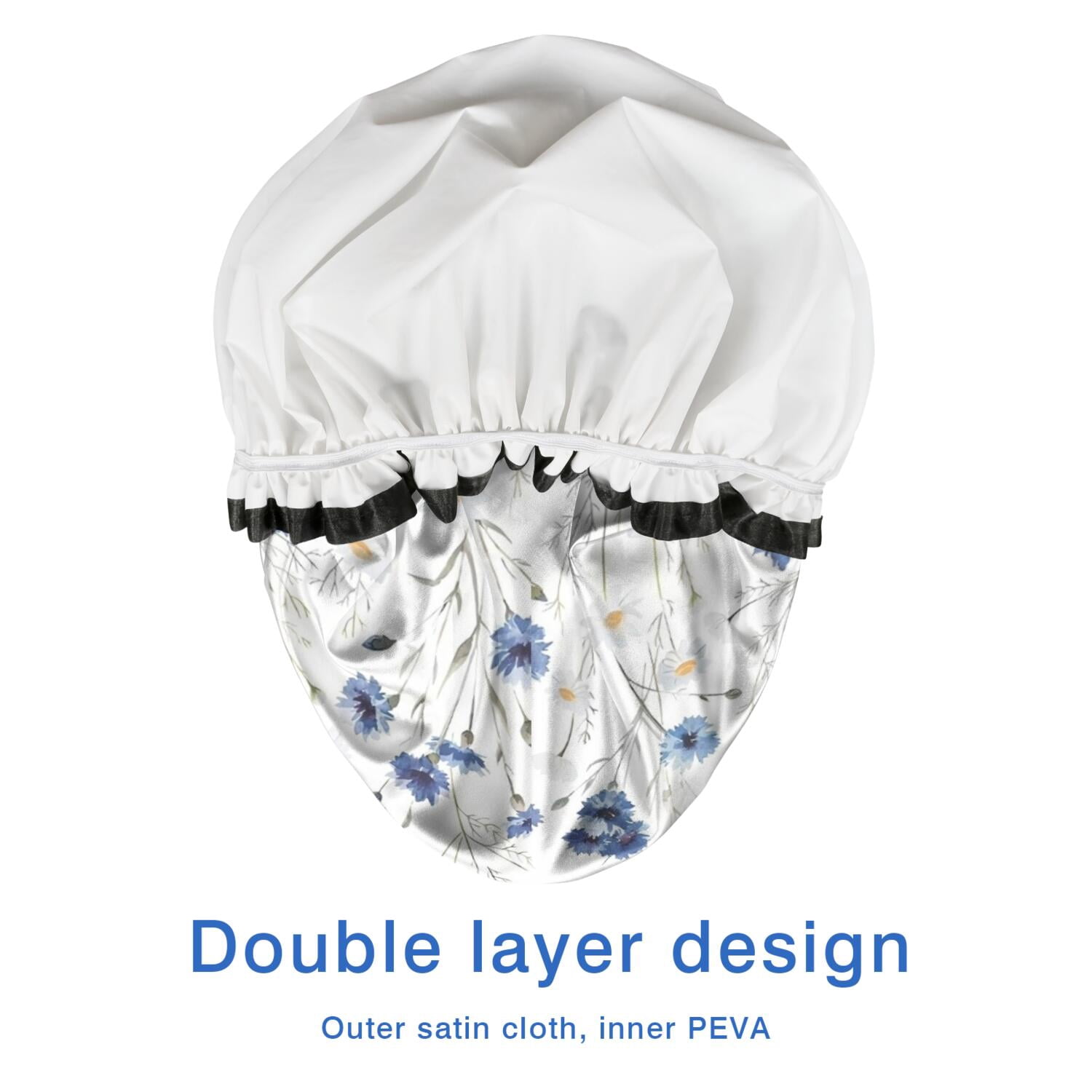 Shower Caps,White Daisy Flower Pattern Waterproof Shower Cap for Women 4 Pieces,Double Reusable Hair Cover for Shower PEVA Elastic Stretch Hem