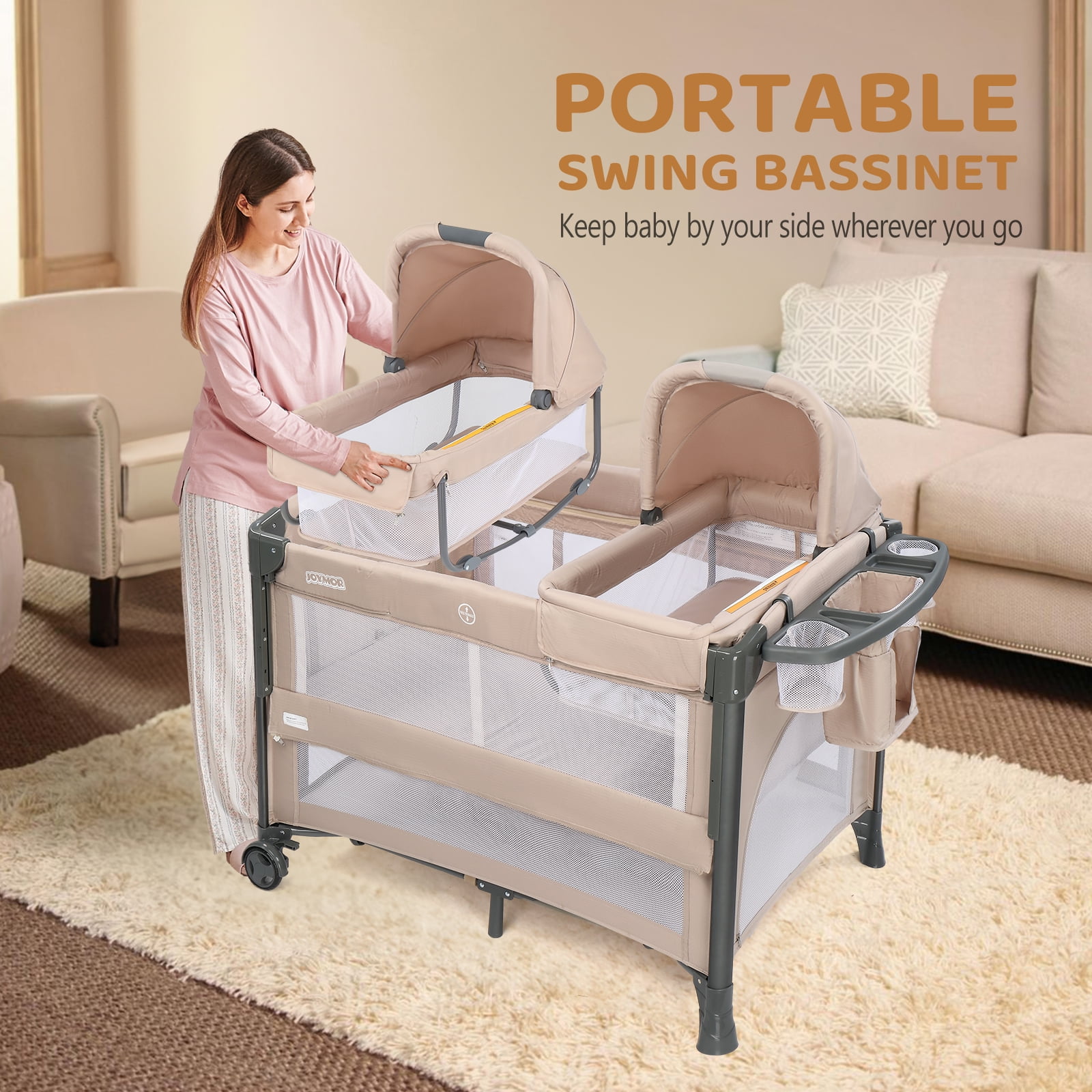 JOYMOR Twin Bassinet for Baby with Storage, Playyard with Two Bassinet,Side Sleeper for Infant