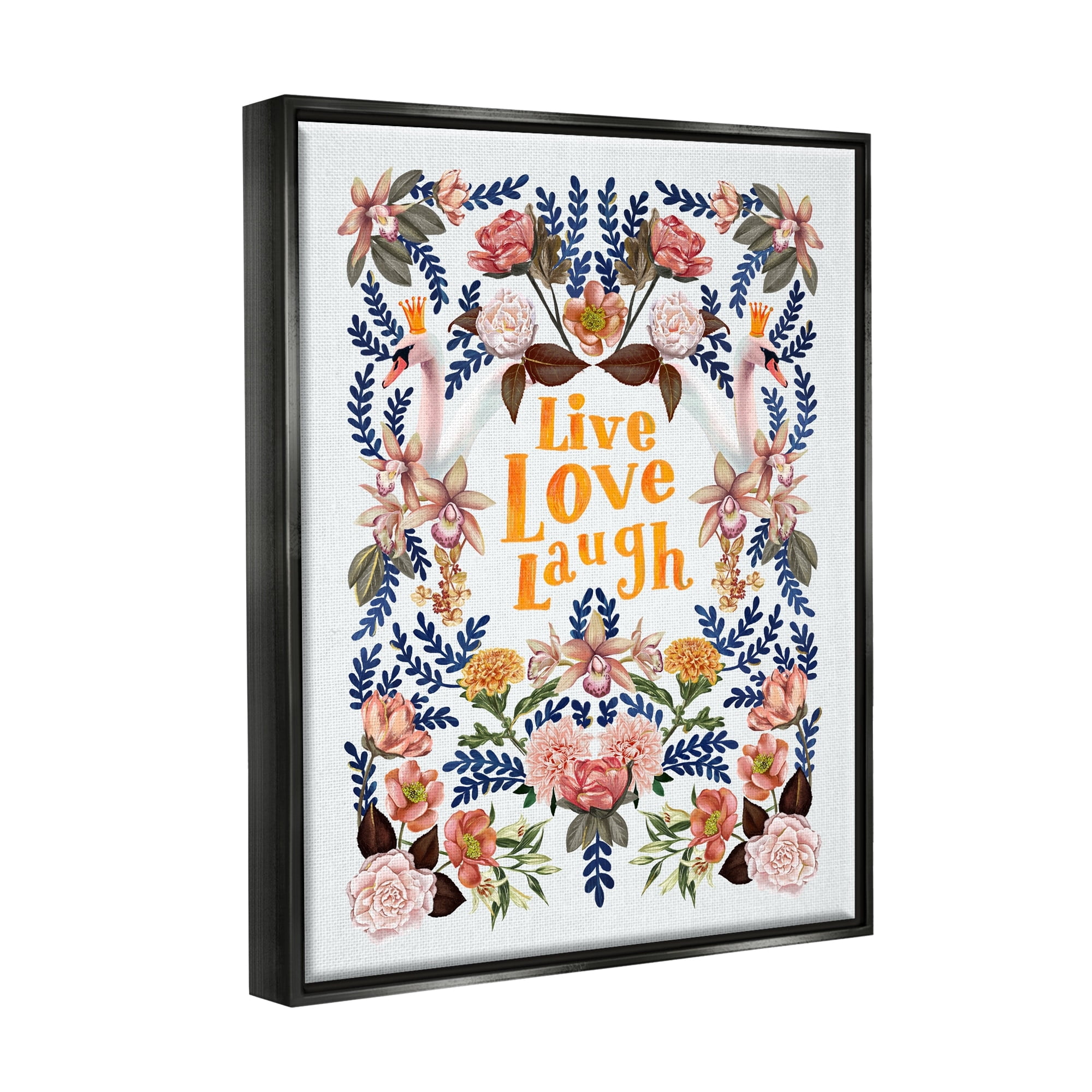 Stupell Industries Live Love Laugh Floral Crowned Swans Botanical Trim Graphic Art Jet Black Floating Framed Canvas Print Wall Art, Design by Raquel Maciel