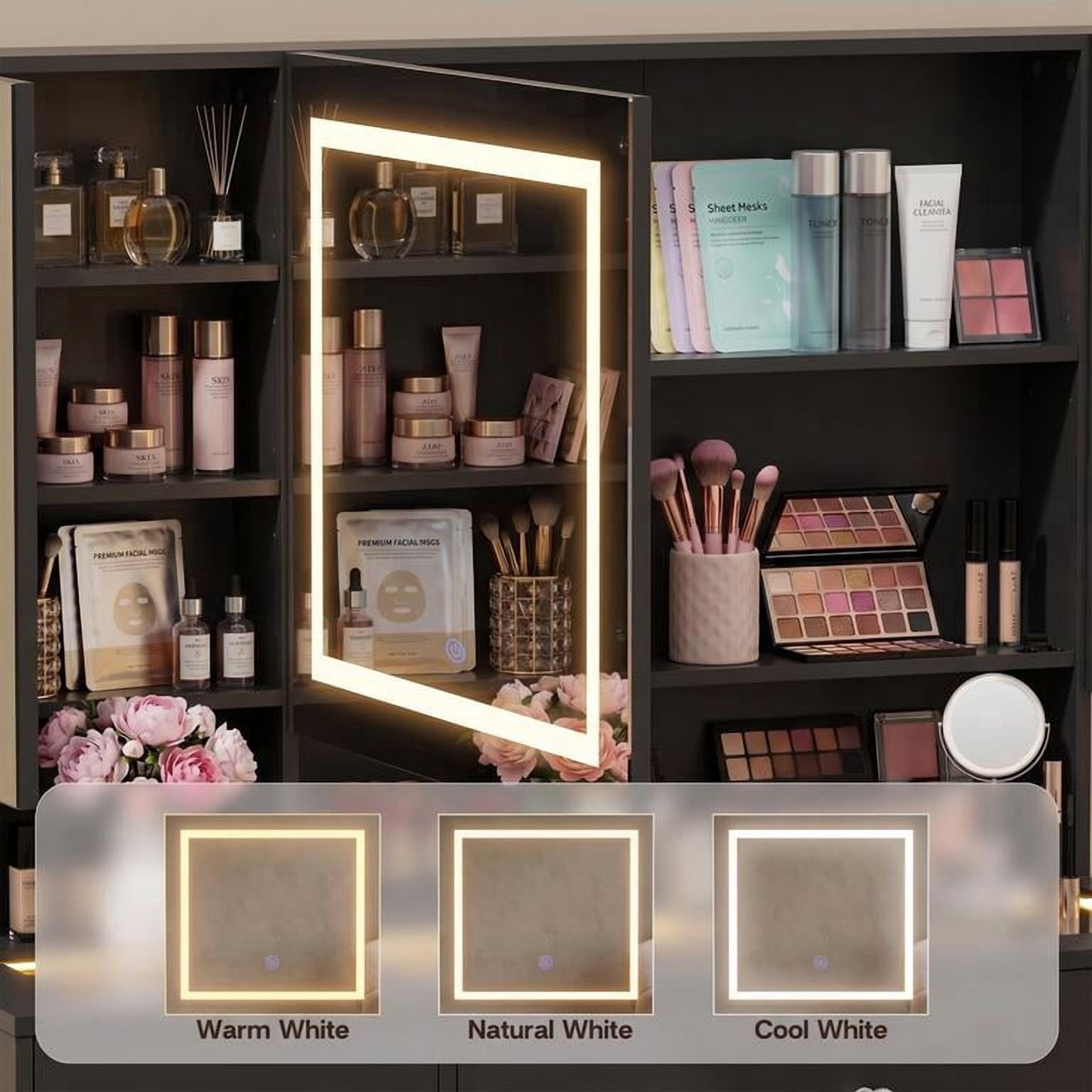 Lacoo Makeup Vanity with LED Lighted Mirror Cabinet & Charging Station, Black Vanity Set with Storage Drawers & Doors, Vanity Desk for Bedroom, Black