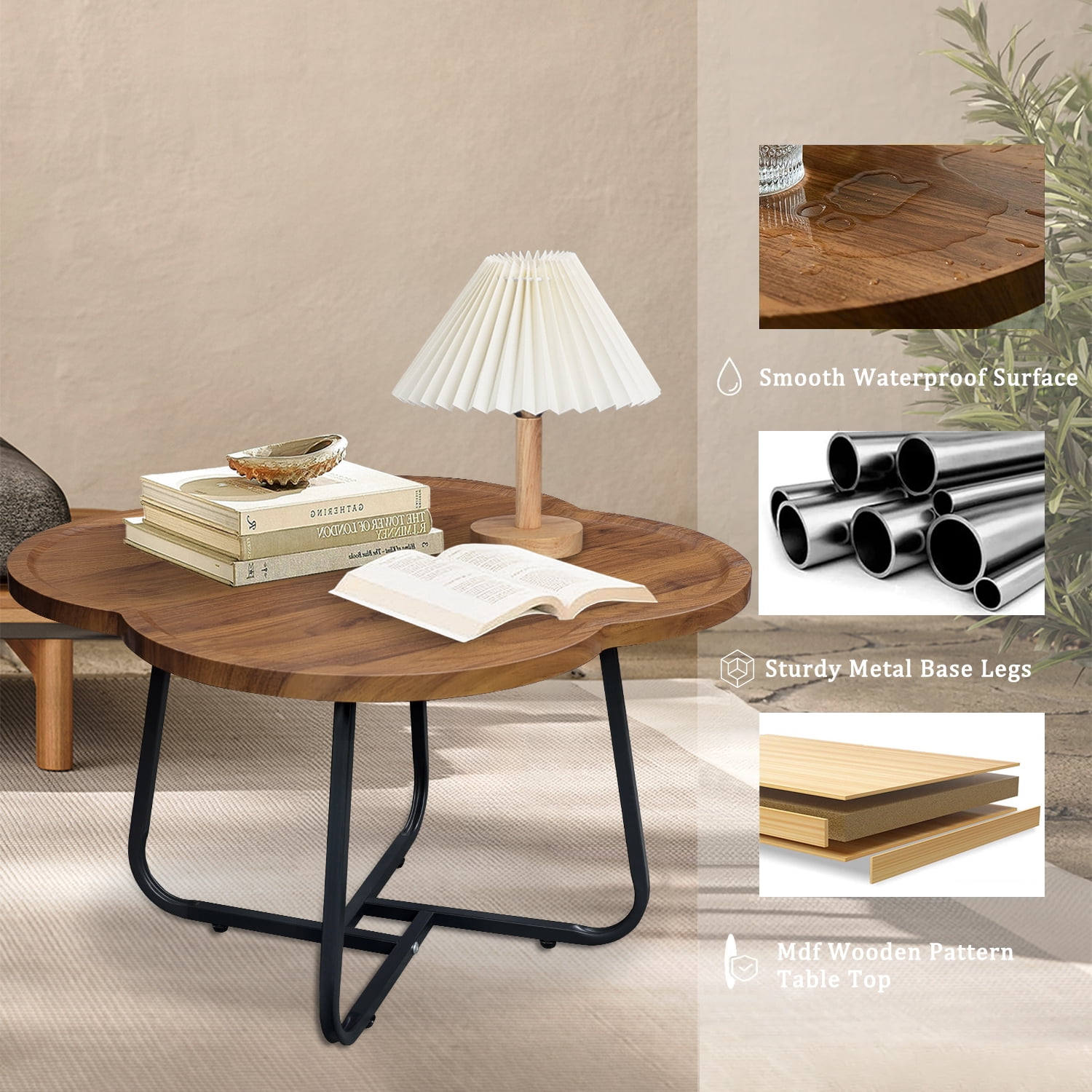 CERBIOR Vintage Modern Small Round Coffee Table, Living Room Centerpiece, Wooden Surface Top & Sturdy Metal Legs, Minimalist Display Side Table (Wood Flower)