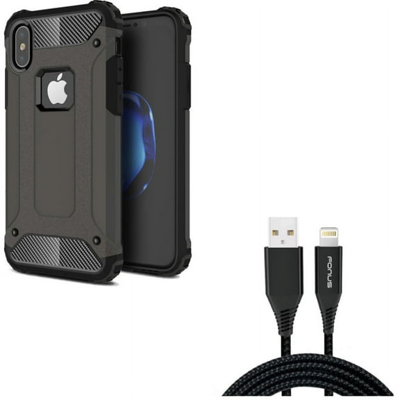 Hybrid Case w Charger Cord 10ft USB Cable for iPhone XS/X - Slim Fit Cover Reinforced Bumper, Power Wire Braided