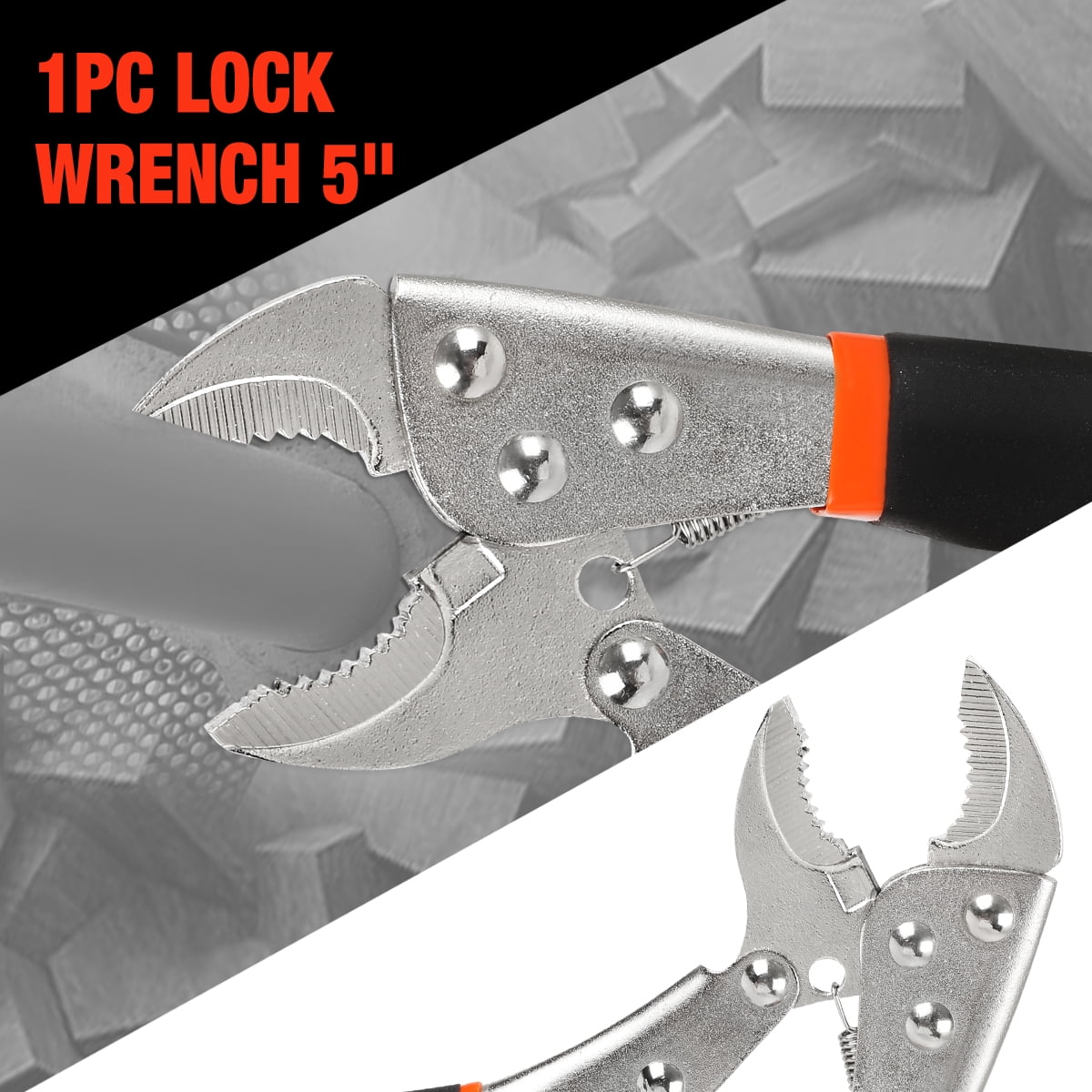 5 Piece Tool Kit, Includes Multi-Use Forged Hardened Steel Lock Jaw Wrench, Slip Joint Plier, Needle Nose Plier, Long Nose Plier, and Adjustable Wrench, 1 Set, Orange/Black