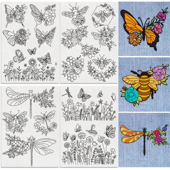 18Pcs Insects Flying in Flowers Embroidery Pattern Stabilizers 8.3"x11.7" Butterfly Dragonfly Bee Water Soluble Stick and Stitch Embroidery Sticker 4 Sheets Hand Sewing DIY Embroidery Paper