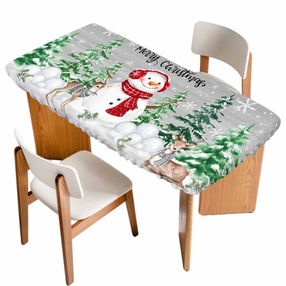 Gray Christmas Table Cloths for 4 Foot Rectangle Tables, Xmas Trees Snowman Elk Snowflakes Patio Waterproof Elastic Fitted Tablecloths, Washable Rectangular Table Cover for Camping