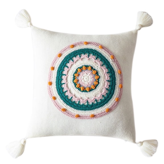 Boho Knitted Throw Pillow for Case with Tassels Colorful Round Floral Cushion Co