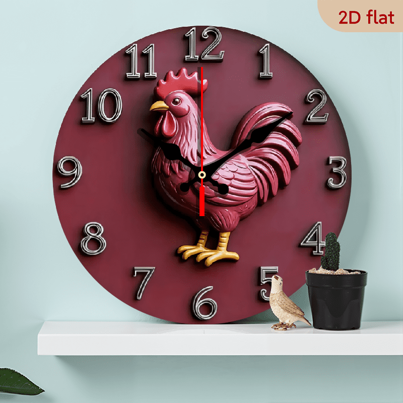 A 10-inch 2D flat Vintage Red Rooster theme wooden silent wall clock. It is an excellent choice for Halloween/Easter/Christmas gifts and is suitable for modern home decoration art.