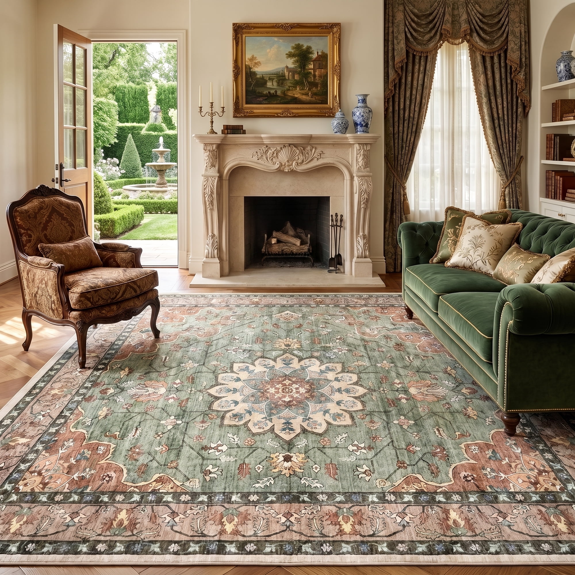 Prilinex 10'x14' Area Rug Living Room Rug, Large Washable Rug for Bedroom Dining Room, Vintage Floral Carpet Low Pile Distressed