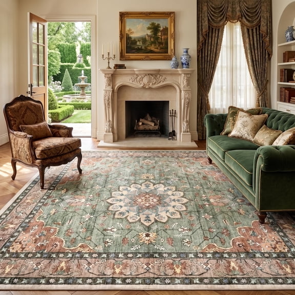 Prilinex 10'x14' Area Rug Living Room Rug, Large Washable Rug for Bedroom Dining Room, Vintage Floral Carpet Low Pile Distressed