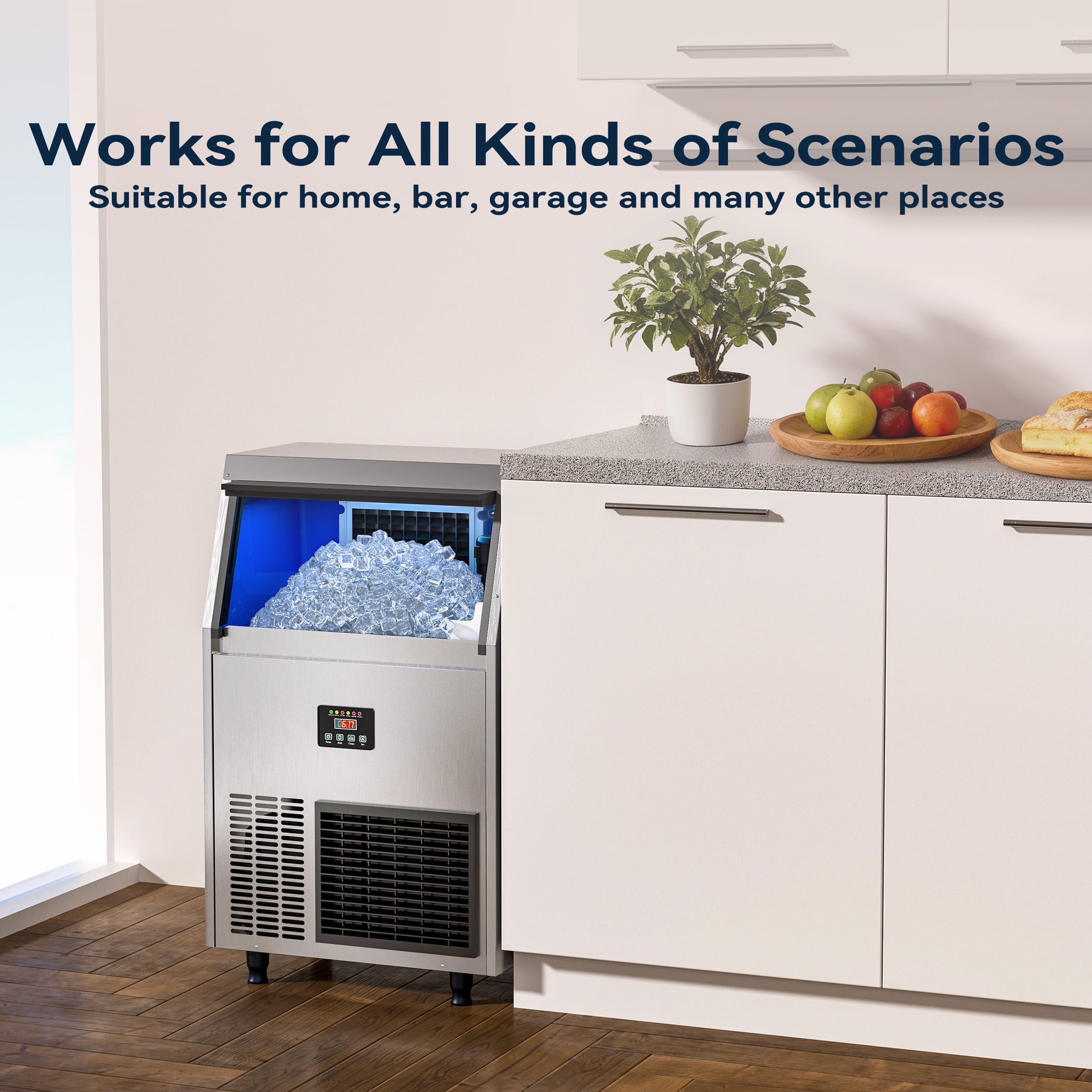 Coolake Commercial Ice Maker 200 lbs/24H, Air Cooled Under Counter Ice Machine with 55 lbs Ice Storage for Home Bar