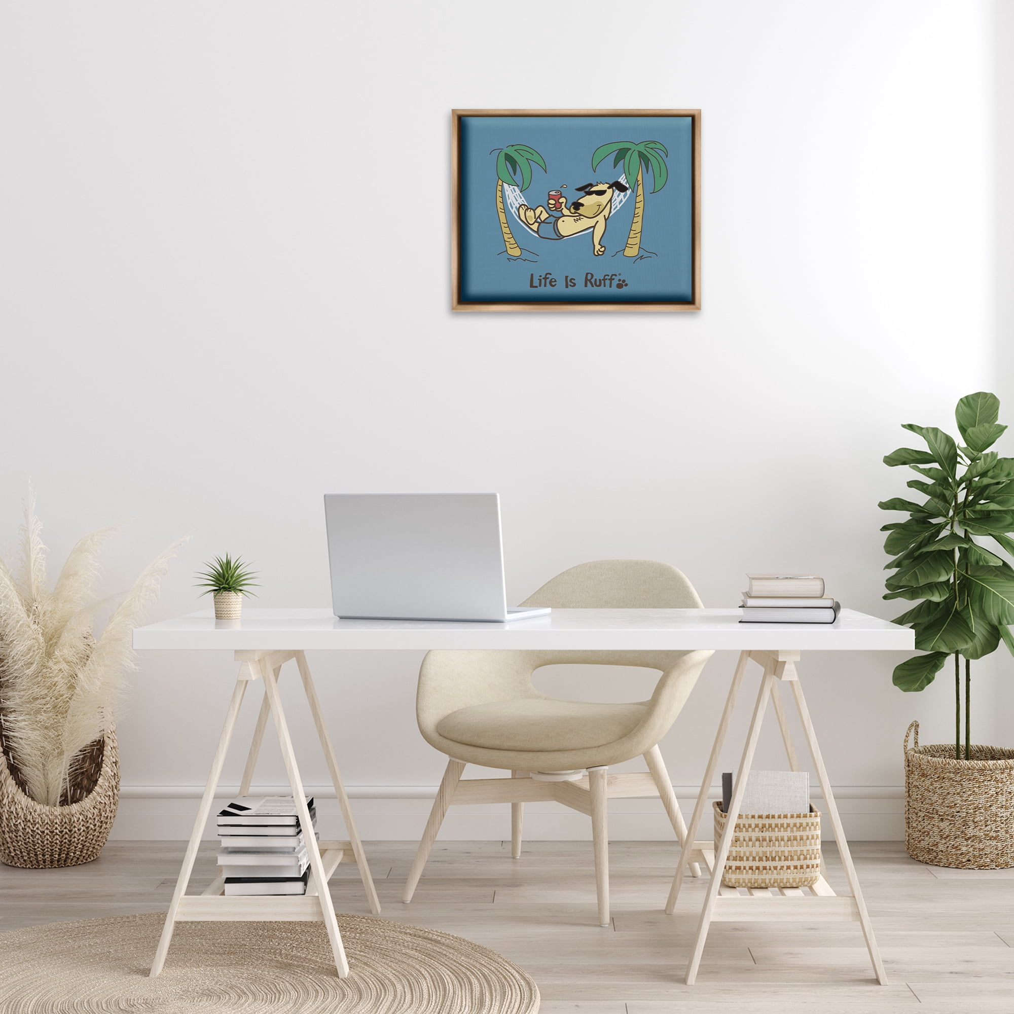 Stupell Industries Tropical Dog on Hammock Animals Painting Brown Floater Framed Canvas Art Print Wall Art, 21 x 17
