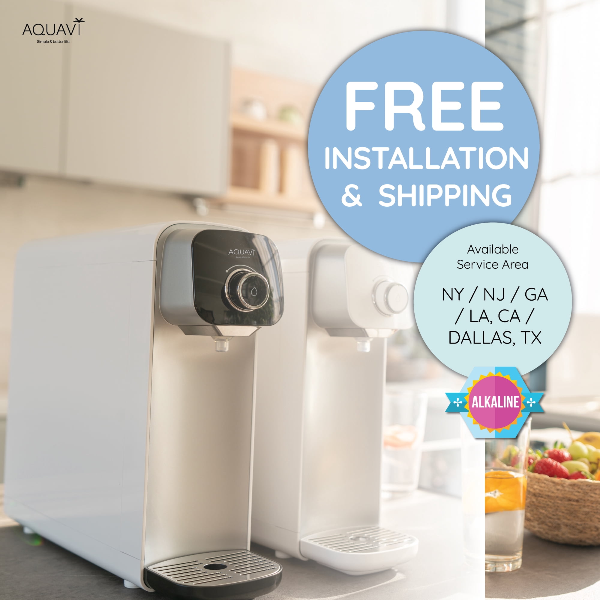 AQUAVI Alkaline Spring Countertop Water Filtration Purification System, 3 Stage Water Filter, Bottleless Water Dispenser, No Electricity Required(White)