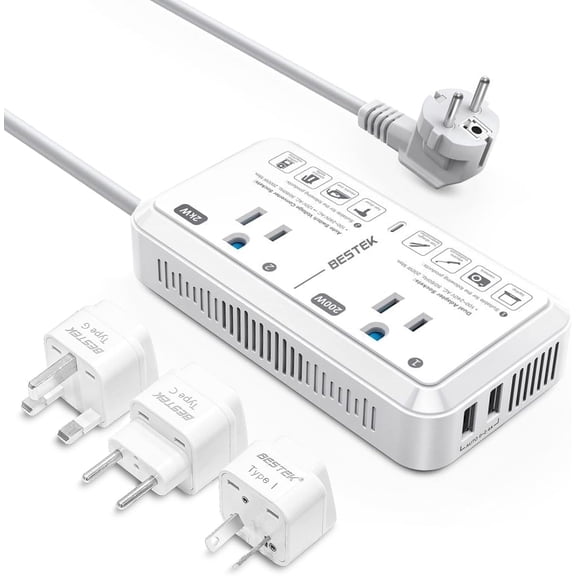 BESTEK 2000W Universal Travel Adapter with 3 EU/UK/AU Plug Adapter, 220V to 110V Voltage Converter, US to Europe Travel Voltage Converter for Curling Iron ,White