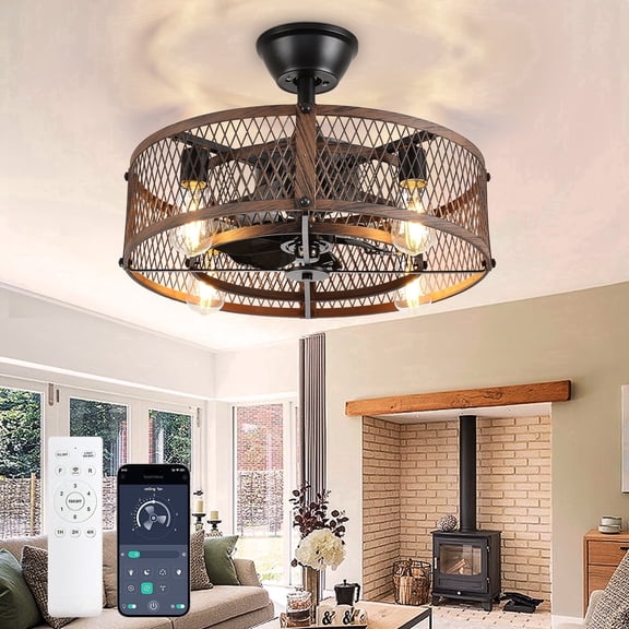 20-Inch Walnut Outdoor Ceiling Fan with Light: Ceiling Fan with Smart App/Remote Control, Farmhouse Cage Design, 6-Speed Reversible - Flush Mount for Patio, Kitchen, Bedroom
