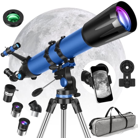 90mm Refractor Telescope for Adults and Beginners, 800mm, 32X-240X with Stainless Steel Tripod, Moon Filter, Carry Bag, Blue