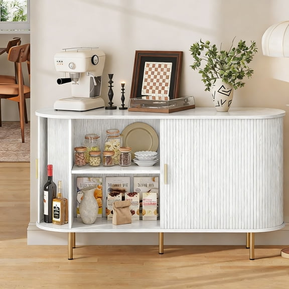 Aisword Sideboard Buffet Cabinet with Storage,Mid Century Modern Fluted Accent Coffee Bar Console Table,Tambour Sliding Doors& Adjustable Shelf for Kitchen, Living Room, Entryway, 55 Inch White
