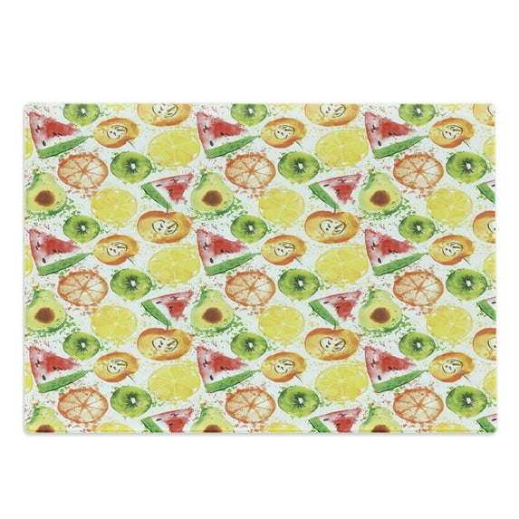 Fruits Cutting Board, Paintbrush Mixed Plants Splash Watermelon Peach Avocado Design, Decorative Tempered Glass Cutting and Serving Board, Large Size, Yellow Orange Fern Green, by Ambesonne