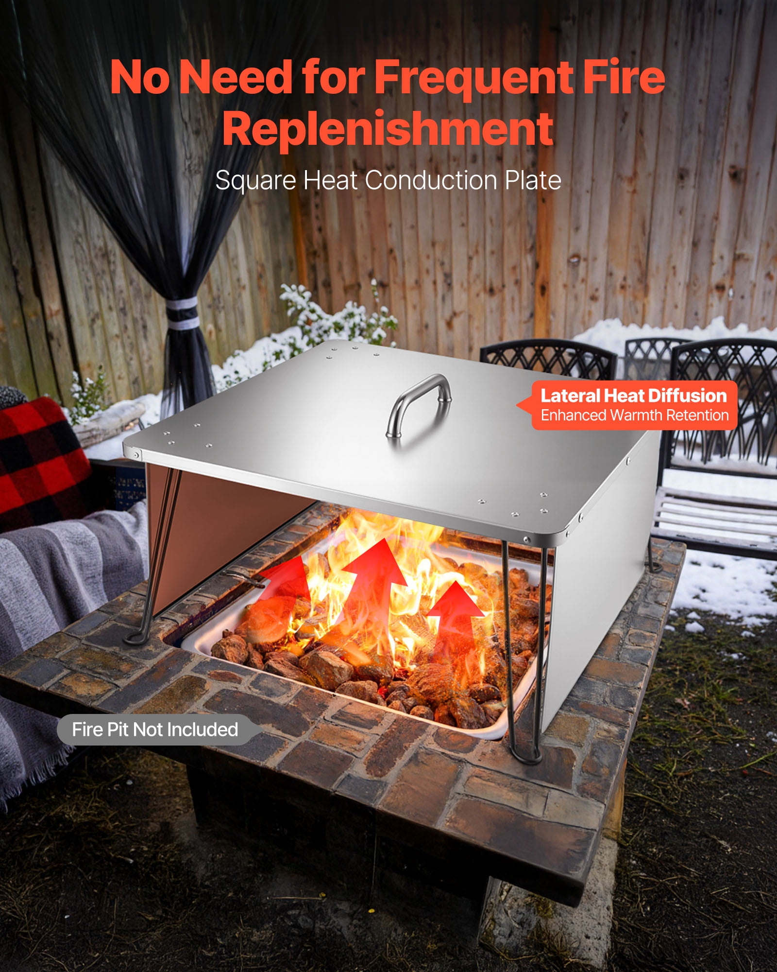 VEVOR Fire Pit Heat Deflector, 25.4x25.4x14.6 inch Square Outdoor Burner Cover, Stainless Steel Bonfire Camping Wood Burning, Push Heat Down and Out with 4 Foldable Legs & Carrying Handle