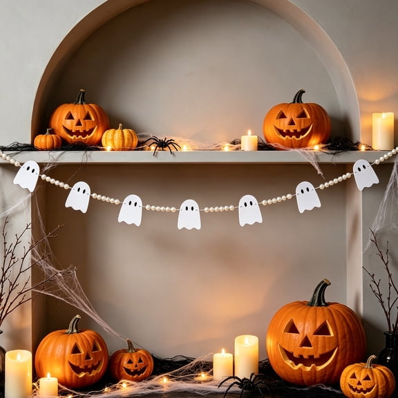 Halloween Ghost Garland Mantel Decoration, Hanging Felt Ghost with Boho Wood Beads, Adjustable Pre-Strung Banner for Fireplace Wall Door Porch and Indoor Outdoor Halloween Decor