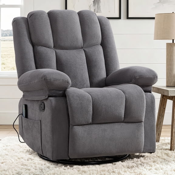 ZOY HOME Manual Swivel Rocker Recliner with Heat & Vibration, Plush Fabric Glider Reclining Chair with Side Pockets for Living Room, Apartment, Gray