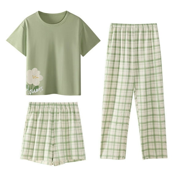 Cotton Pajama Set 3 Pcs ToP with Built-in Bra Removable Pad Long PJ Pants Shorts
