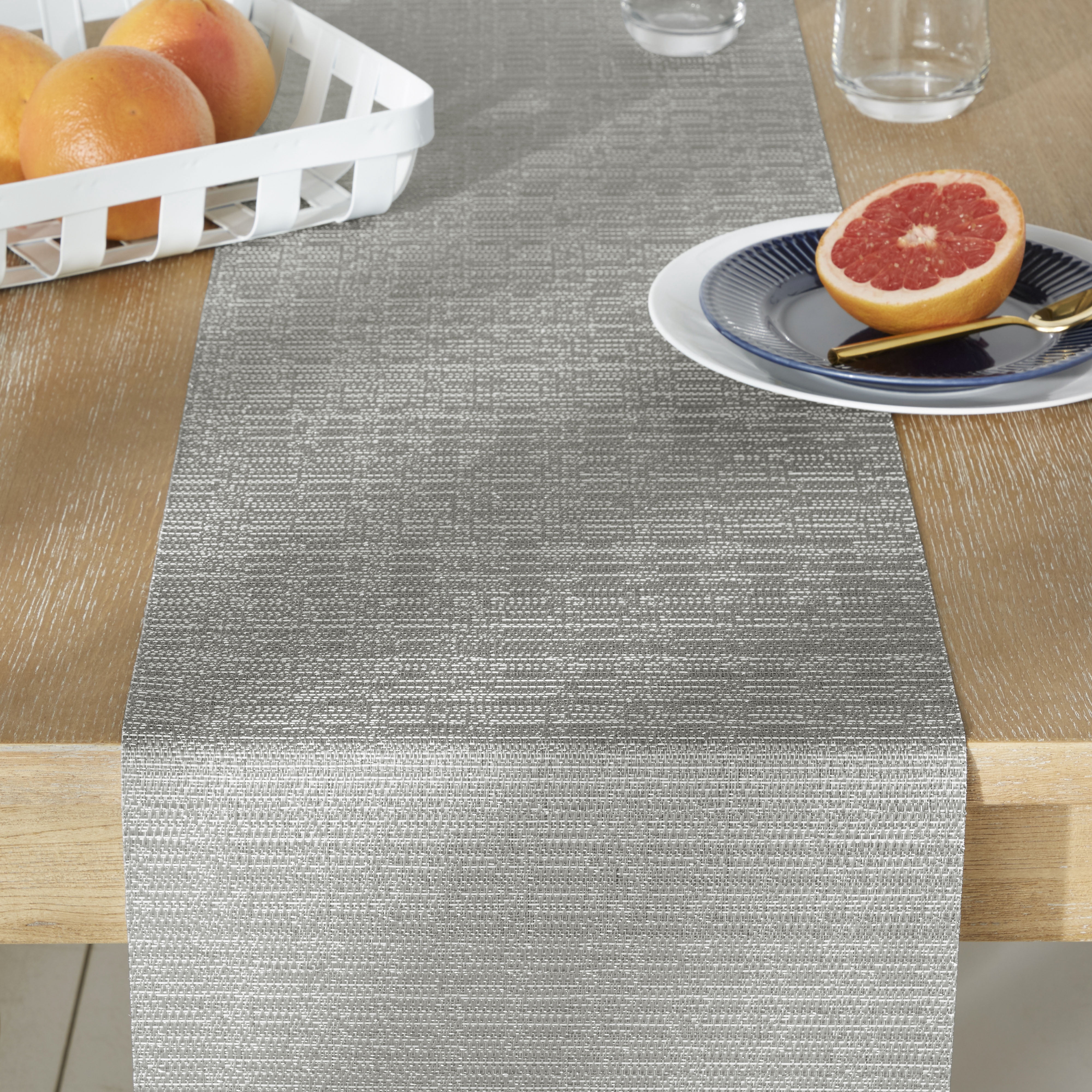 Town & Country Washable Coiled Woven Vinyl Indoor Outdoor Reversible Table Runner, Silver, 13"x72"